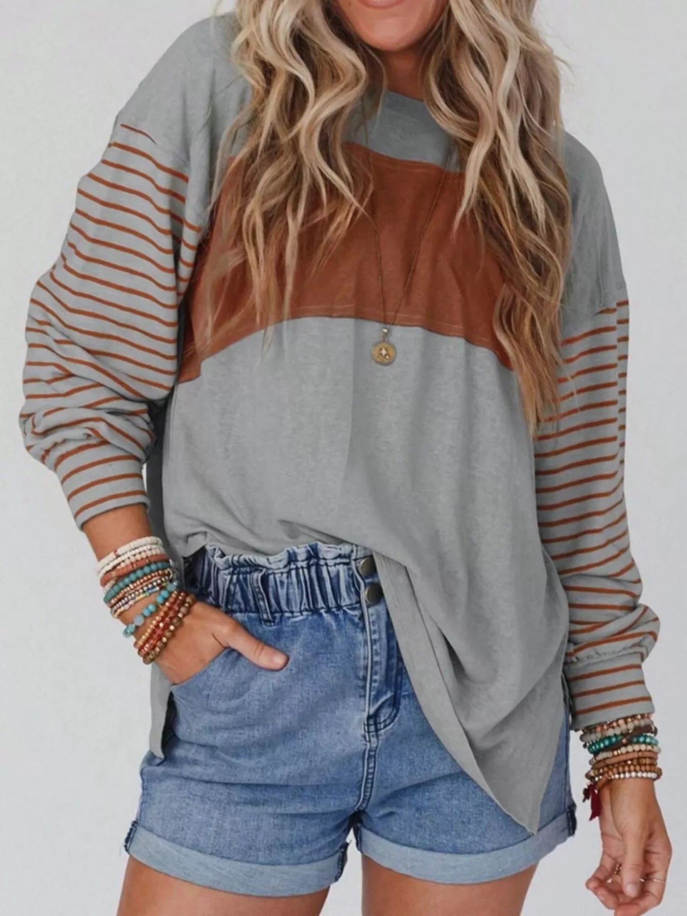 Striped Color Block Long Sleeve T-Shirt OutfitFlow