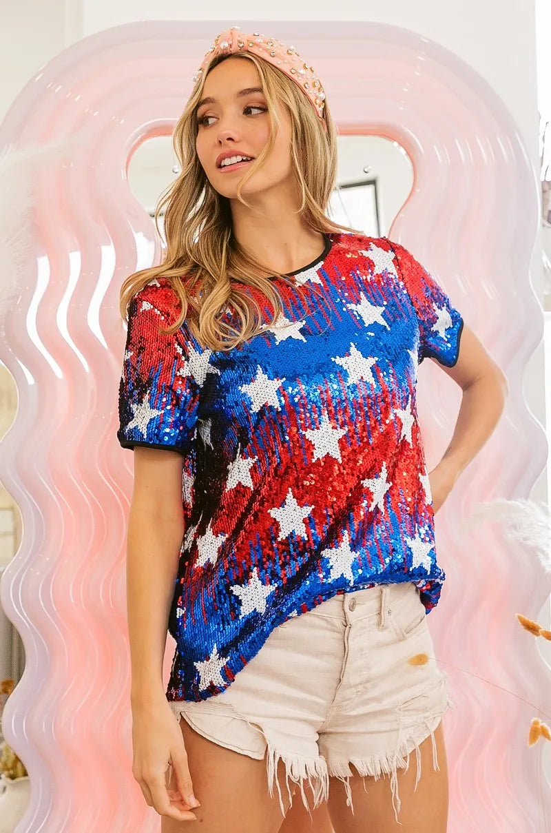 BiBi American Theme Star Pattern Sequin Top OutfitFlow