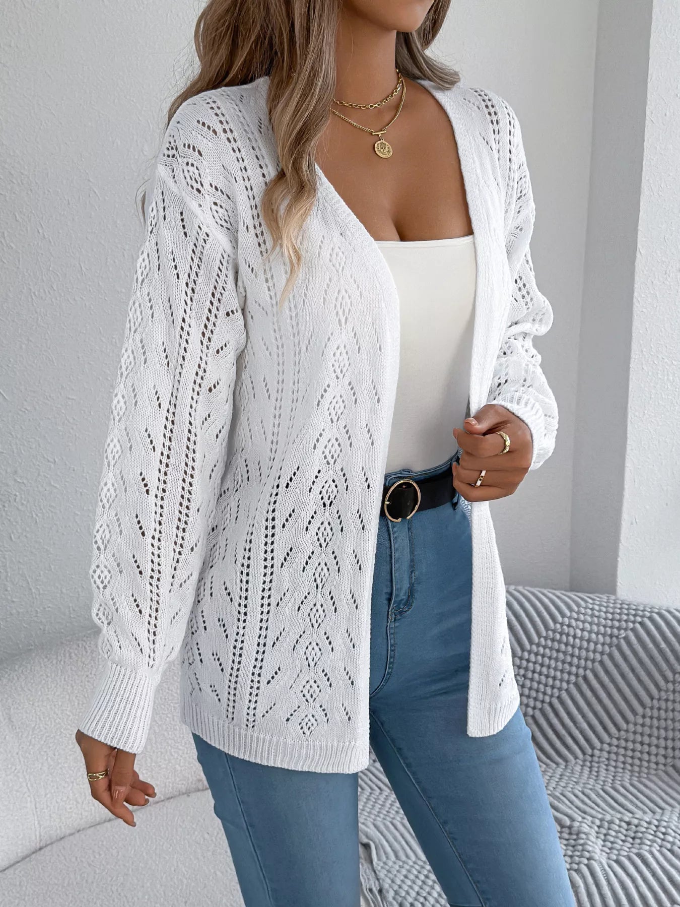 Openwork Open Front Cardigan OutfitFlow