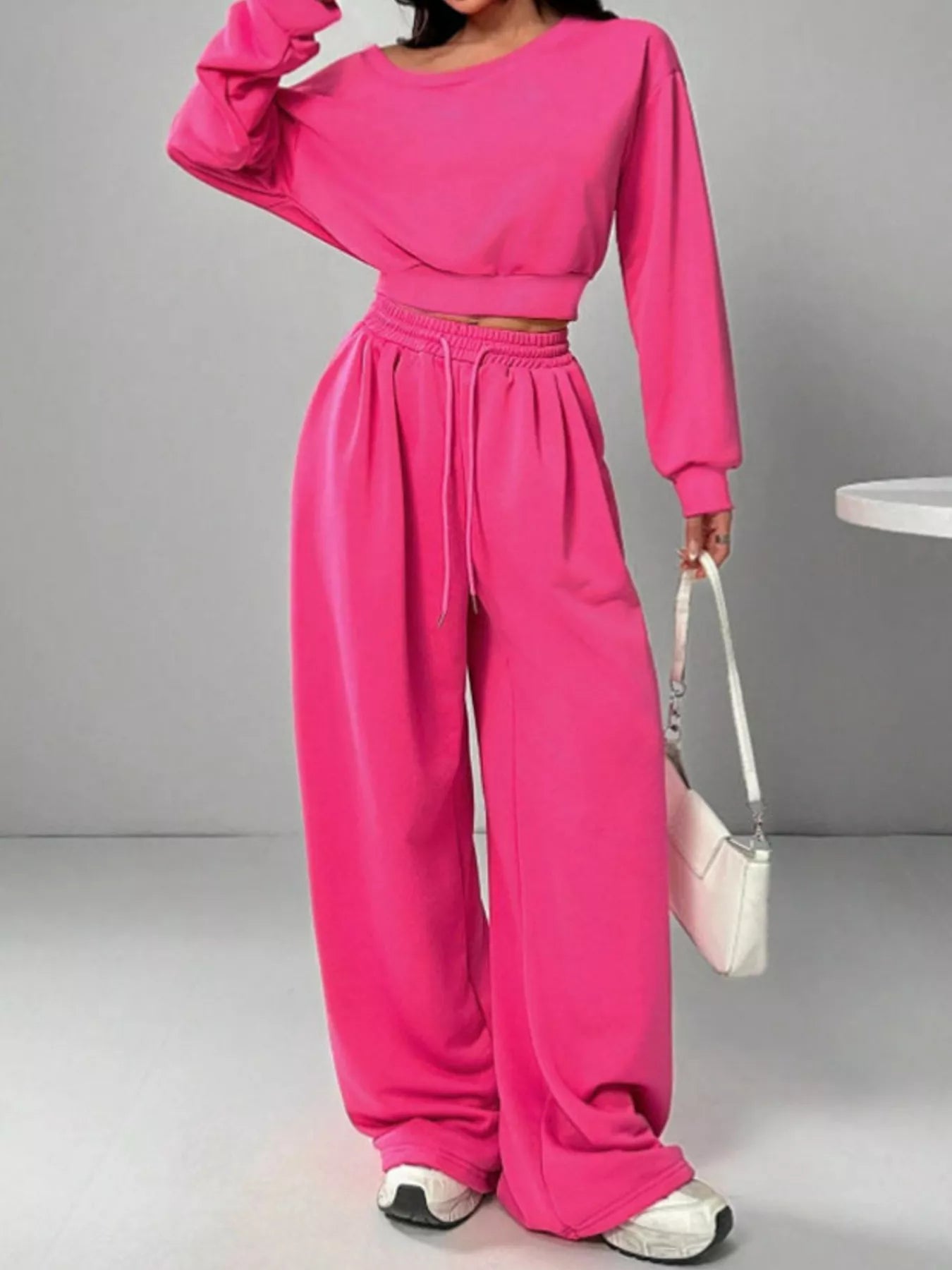 Boat Neck Long Sleeve Top and Pants Set Fuchsia Pink OutfitFlow