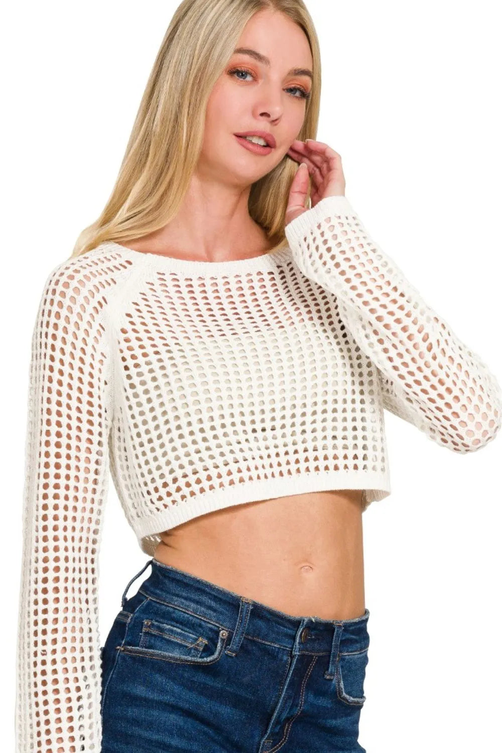Zenana Hollow Knitted Cropped Round Neck Sweater OutfitFlow