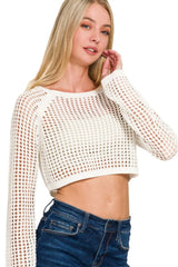 Zenana Hollow Knitted Cropped Round Neck Sweater OutfitFlow