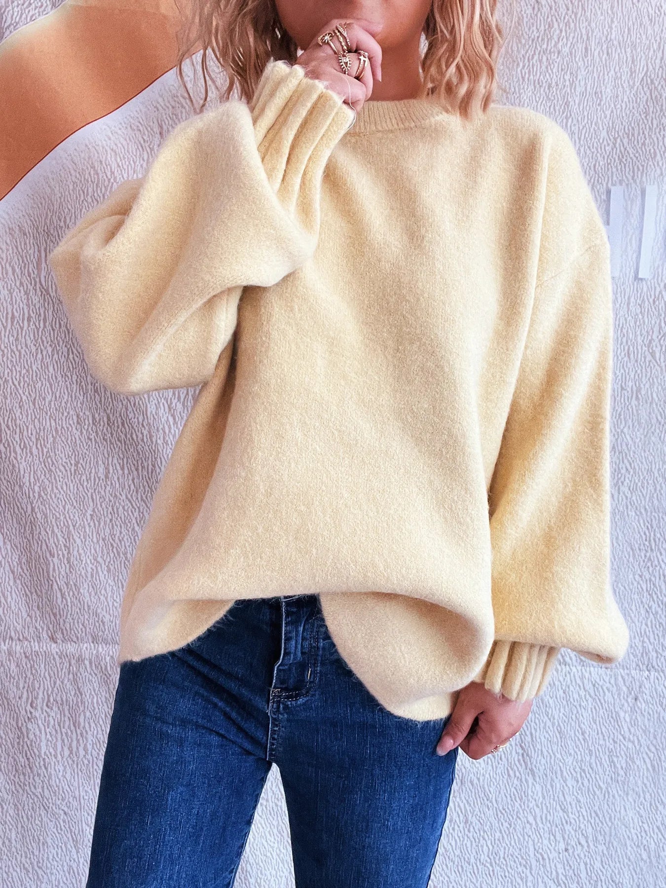 Round Neck Dropped Shoulder Sweater OutfitFlow