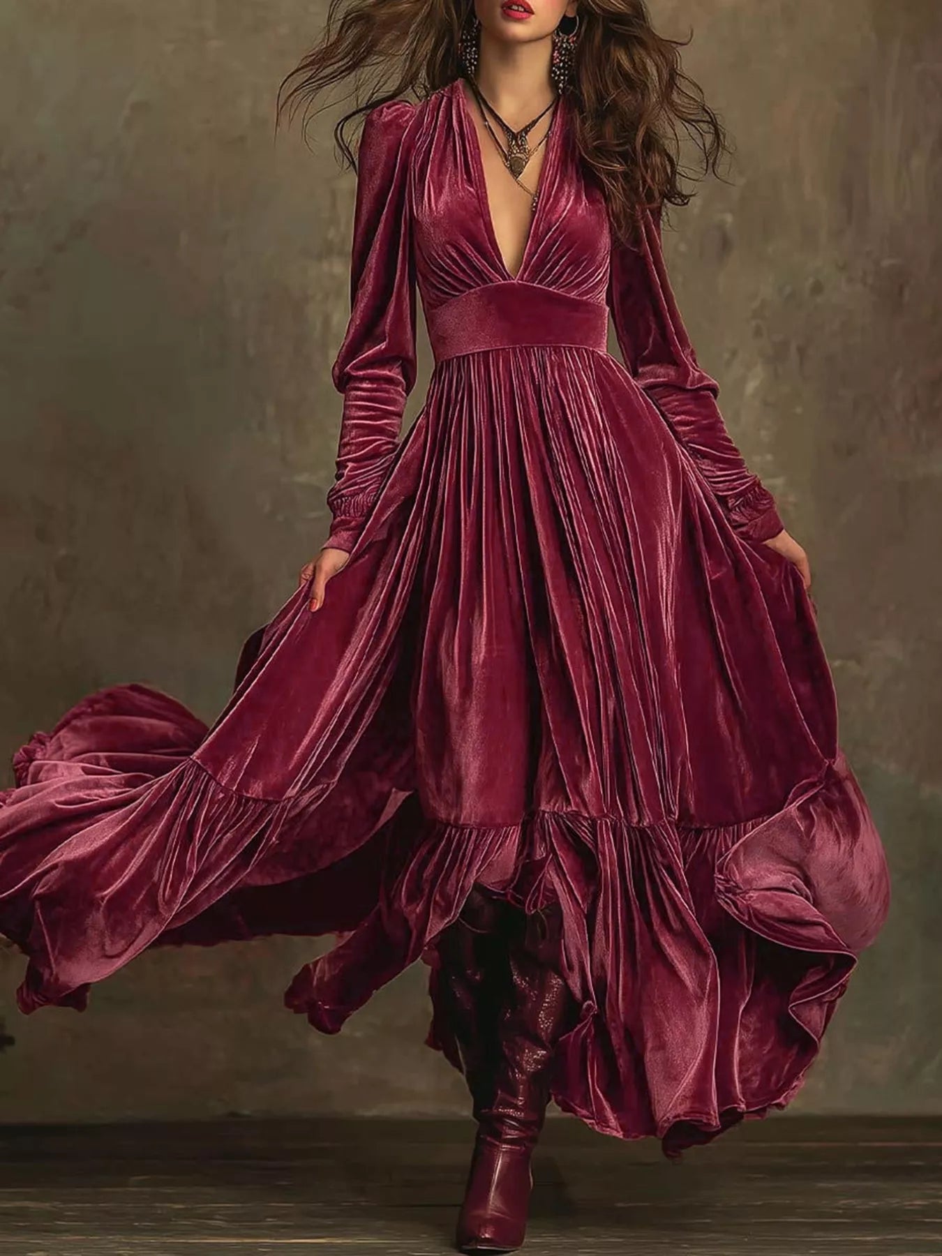 Ruffled Hem Long Sleeve Dress Cerise OutfitFlow