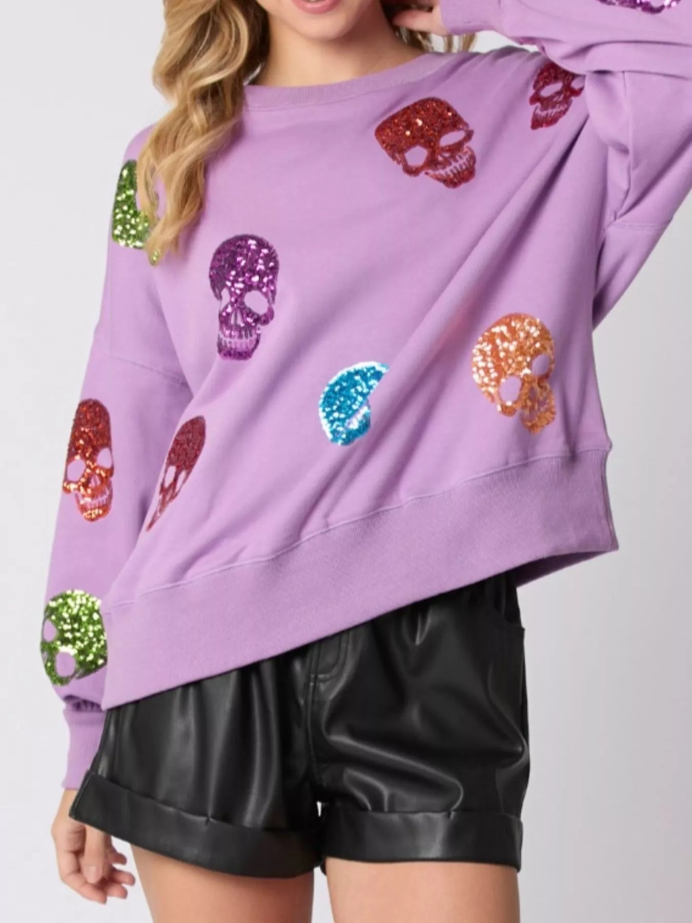 Halloween Colorful Skull Sequin Oversized Sweatshirt OutfitFlow