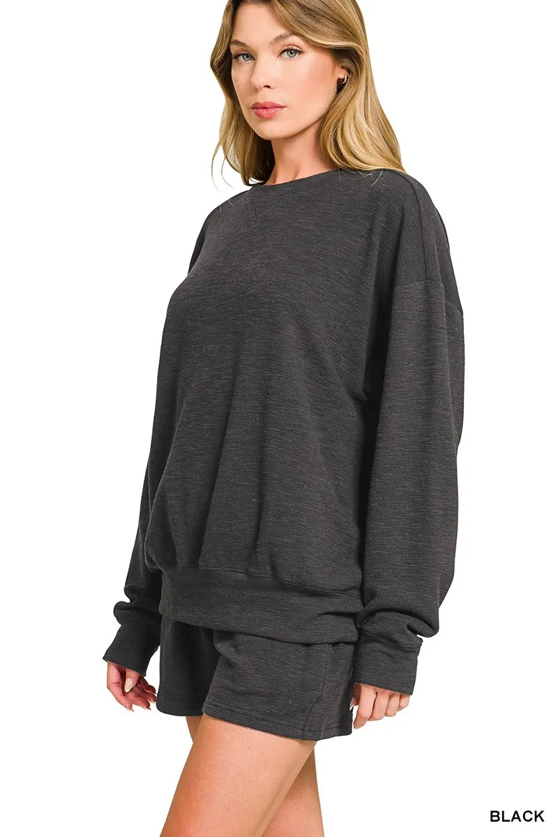 Zenana Slub Long Sleeve Top and Shorts Set BLACK Trendsi
