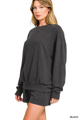 Zenana Slub Long Sleeve Top and Shorts Set BLACK Trendsi