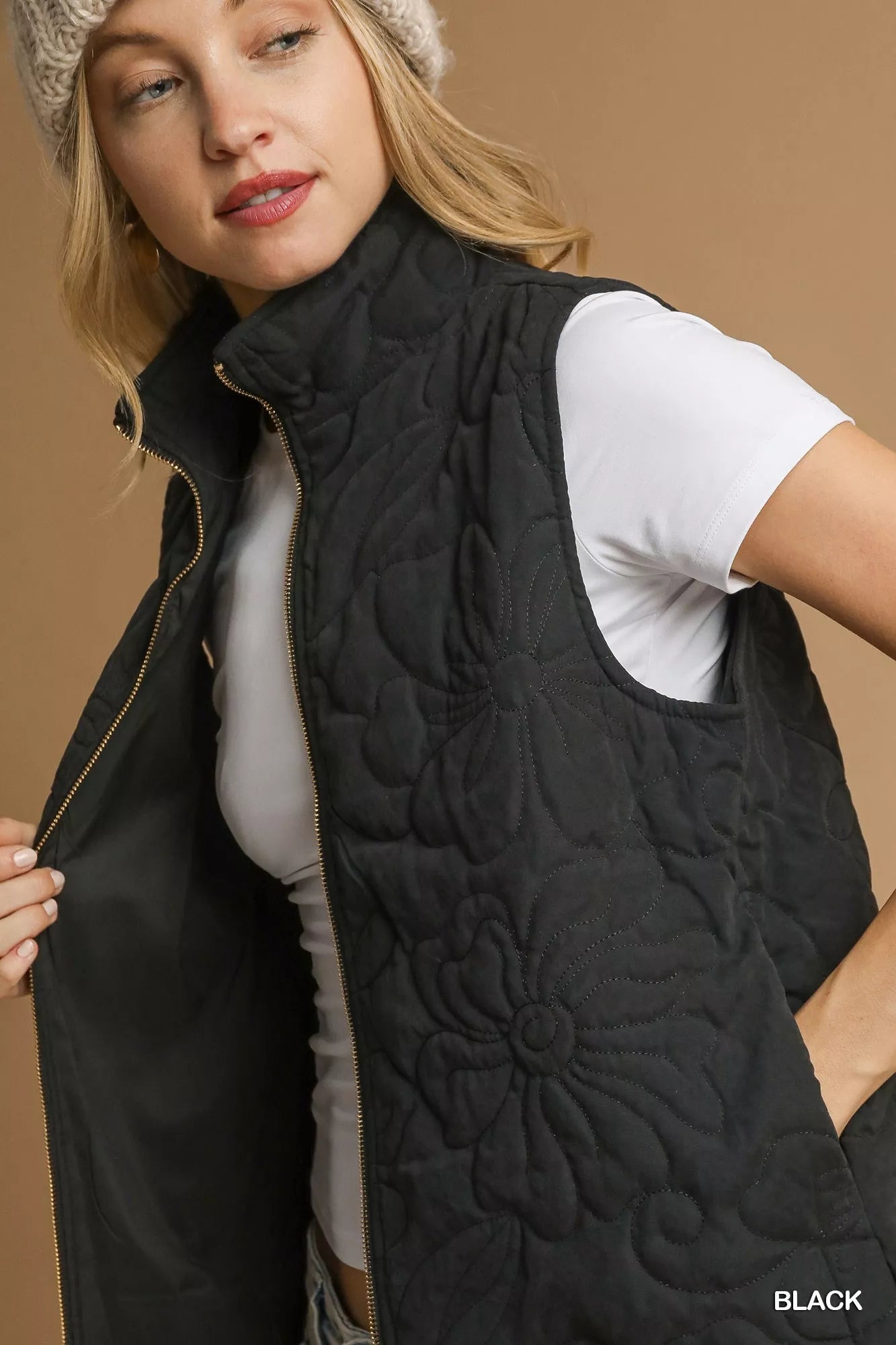 Umgee Quilted Floral Zip Up Vest with Pockets OutfitFlow