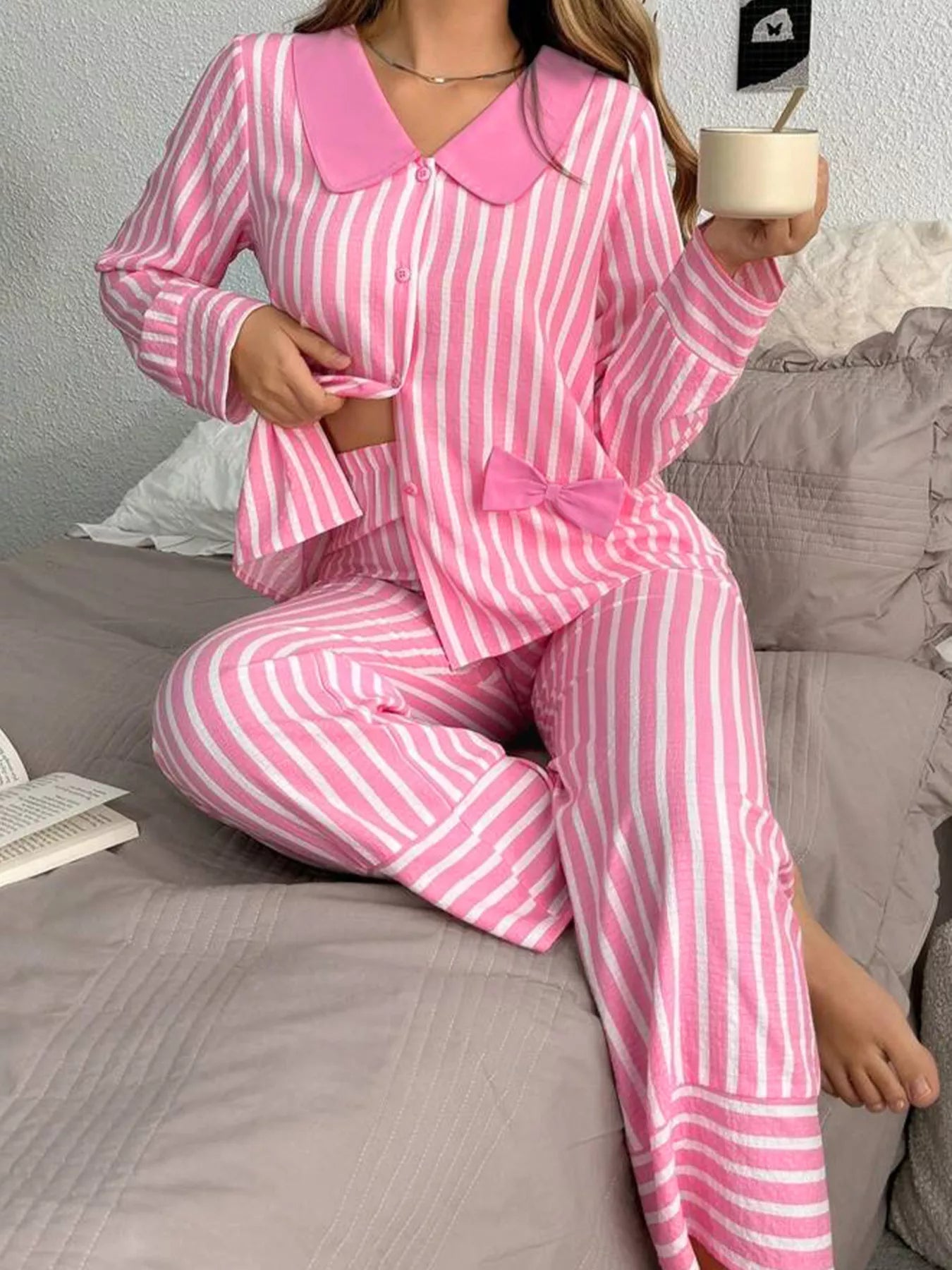 Stripe Buttoned Front Long Sleeve Top and Pants 2 Piece Sleepwear Pink OutfitFlow