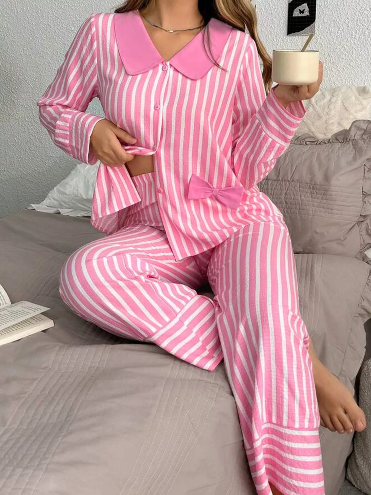 Stripe Buttoned Front Long Sleeve Top and Pants 2 Piece Sleepwear Pink OutfitFlow