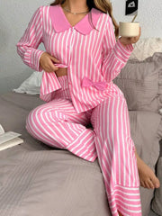 Stripe Buttoned Front Long Sleeve Top and Pants 2 Piece Sleepwear Pink OutfitFlow
