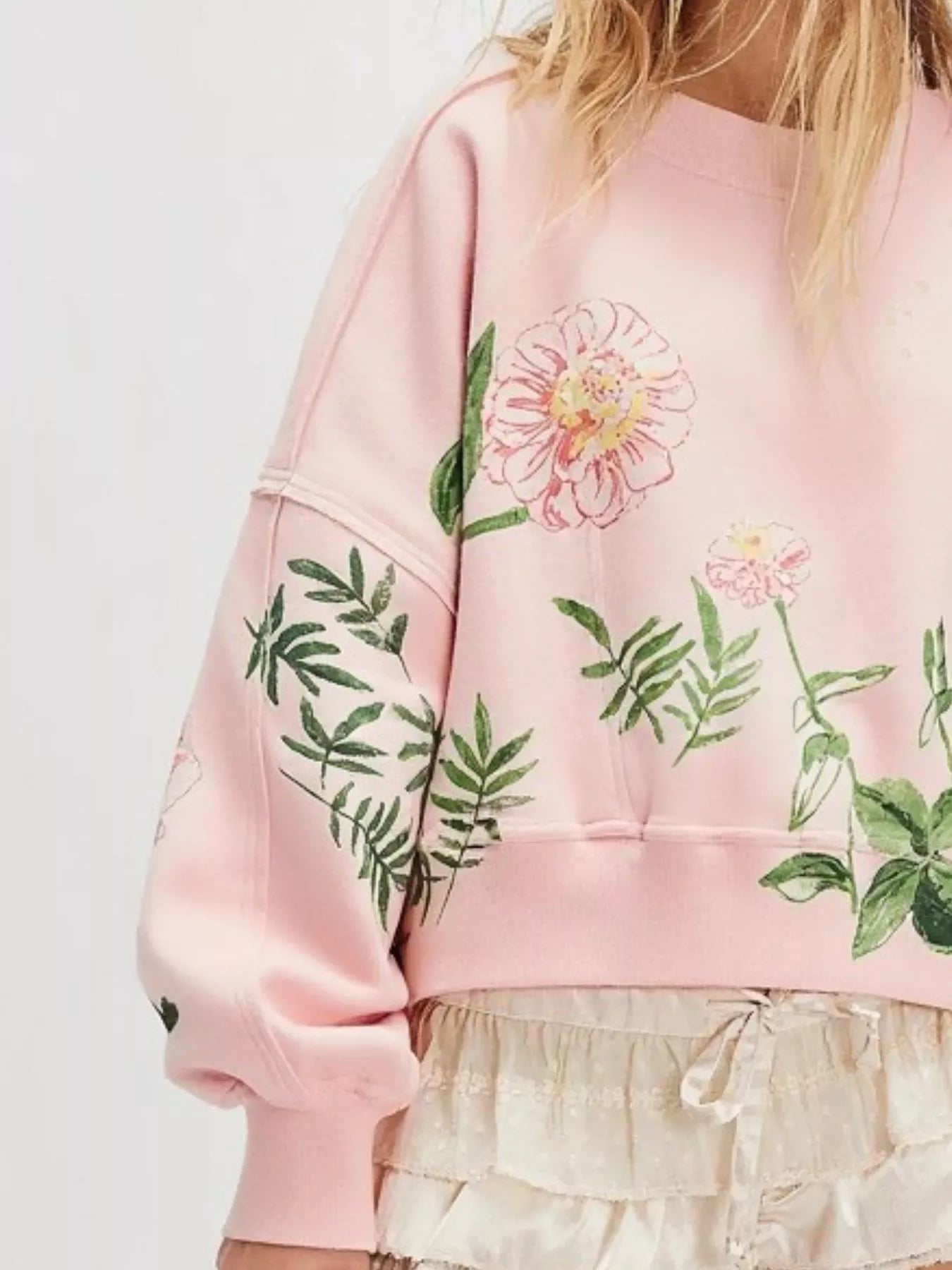 Printed Round Neck Dropped Shoulder Sweatshirt OutfitFlow
