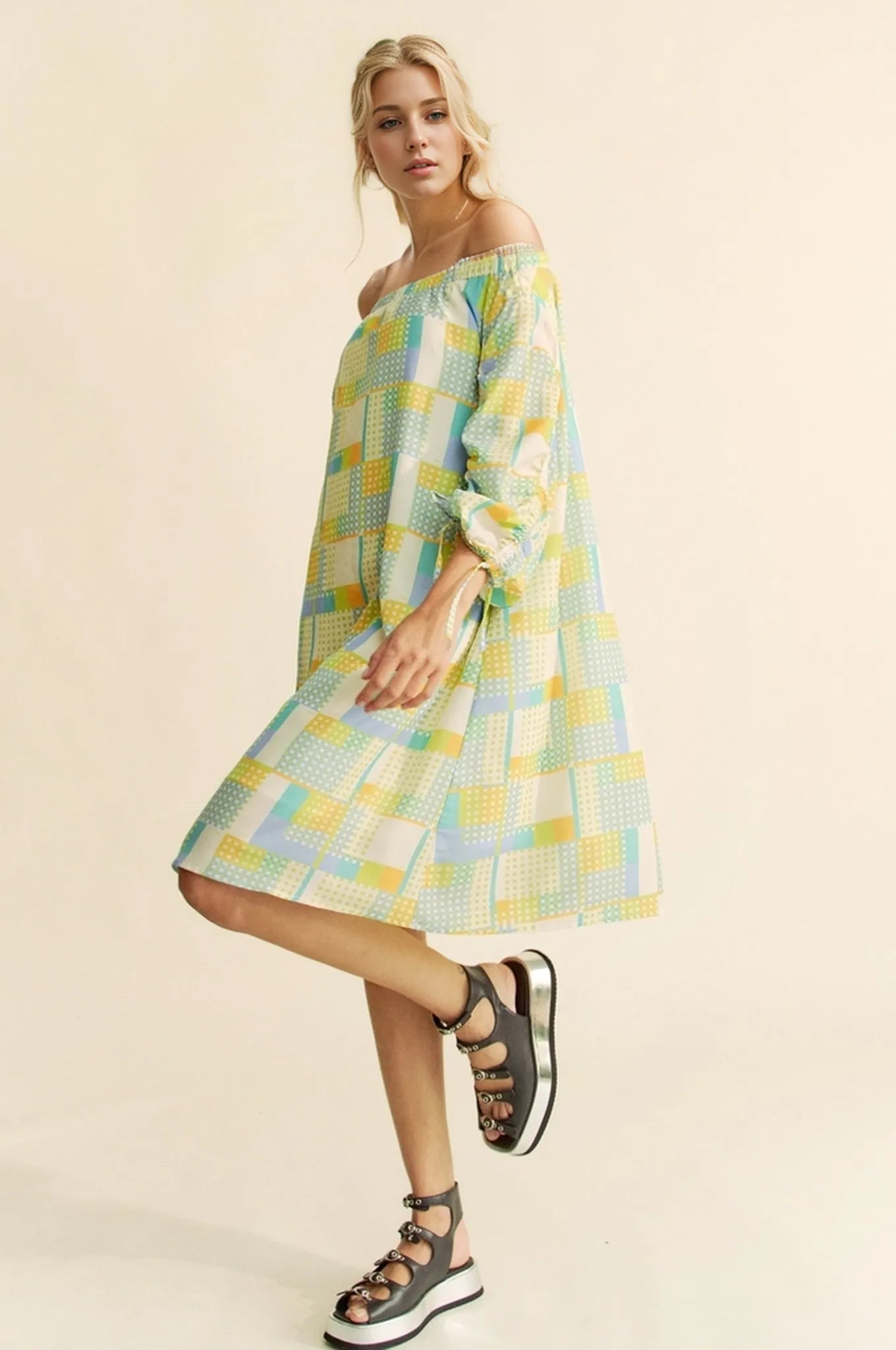 Davi & Dani Printed Off Shoulder Drawstring Sleeve Mini Dress OutfitFlow