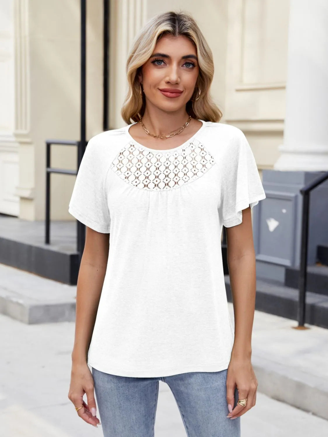 Lace Detail Round Neck Short Sleeve Blouse White OutfitFlow