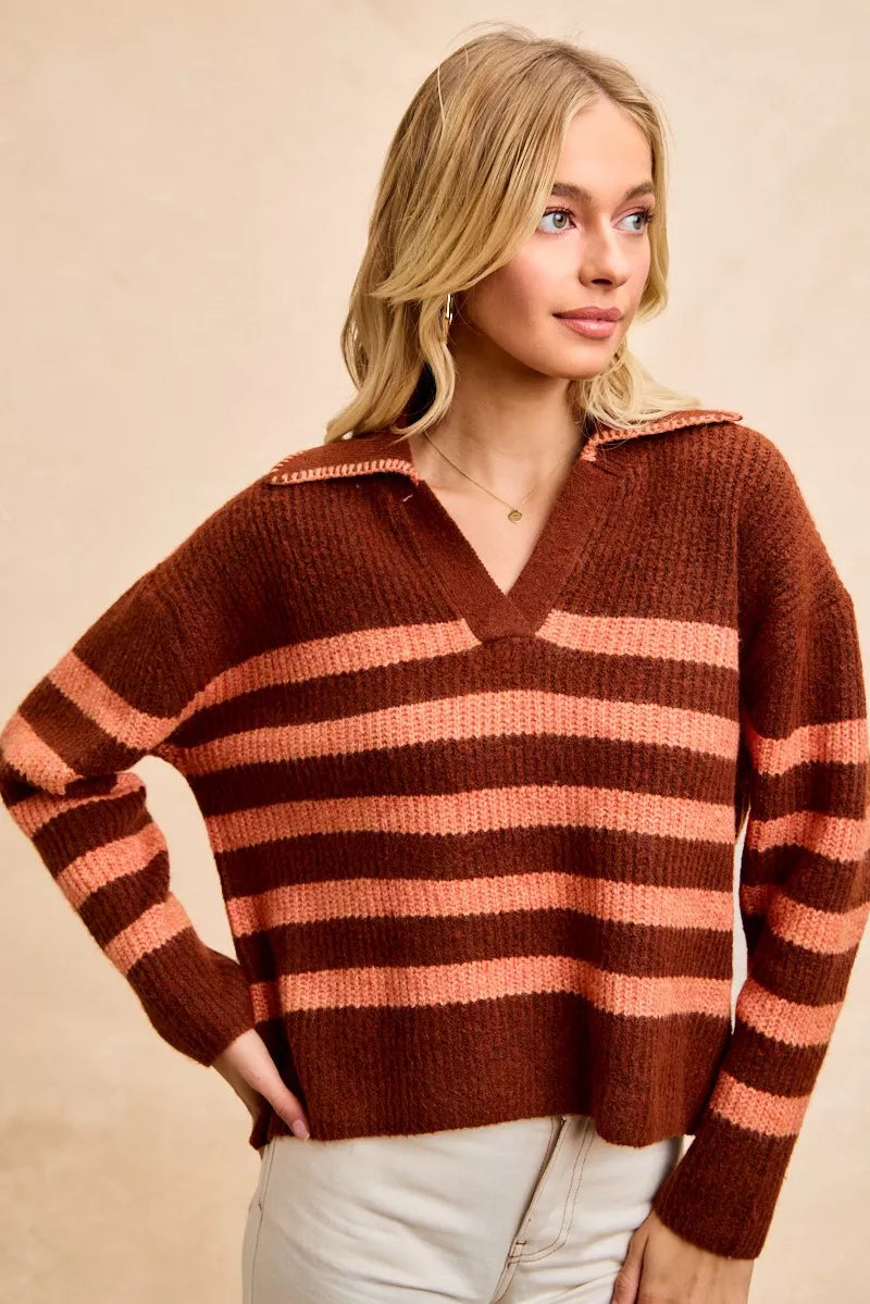 BiBi Striped Sweater Top with Collar Stitched Details Trendsi