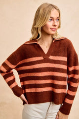 BiBi Striped Sweater Top with Collar Stitched Details Trendsi