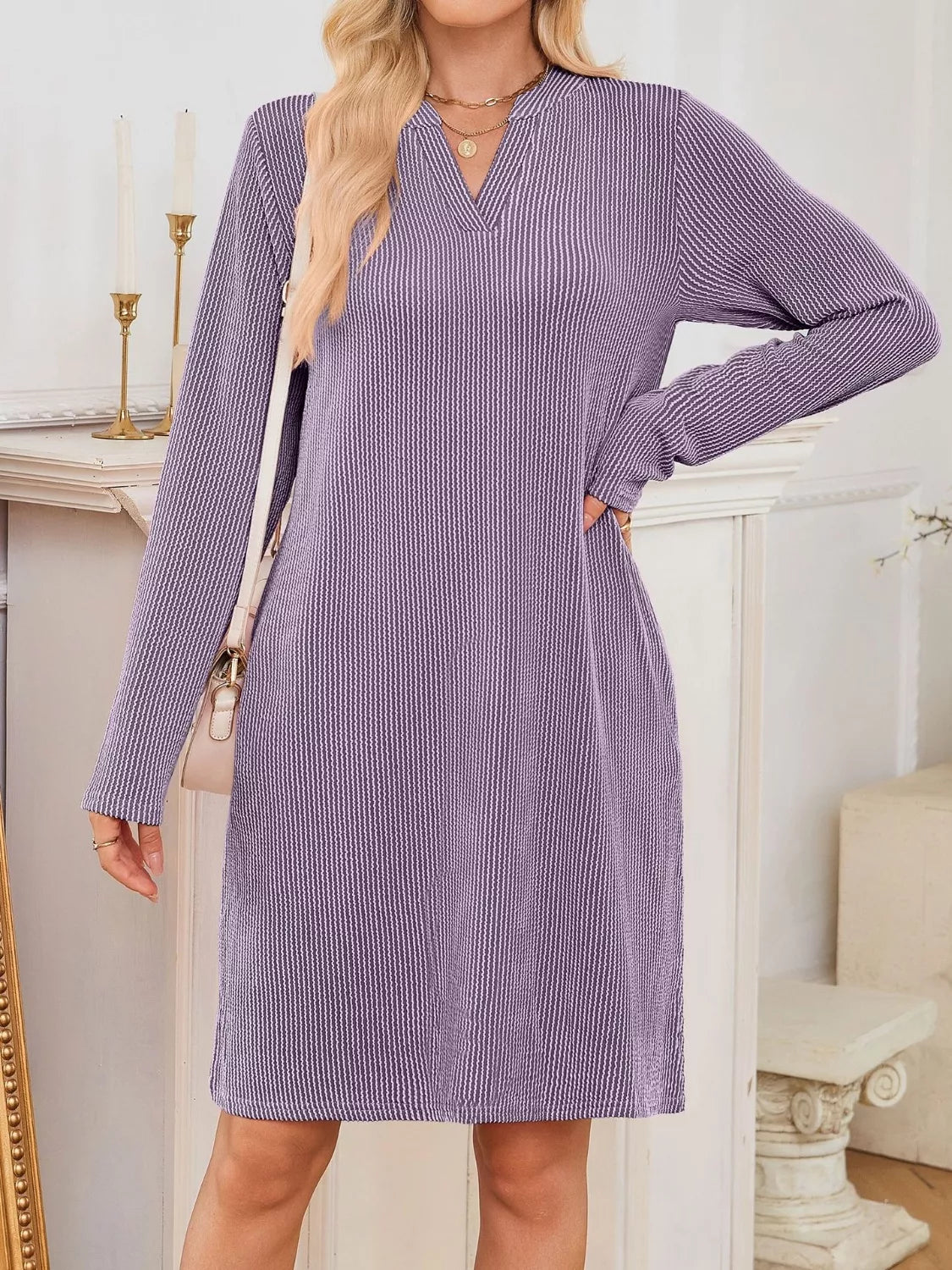 Casual Ribbed Knit Long Sleeve Dress Trendsi