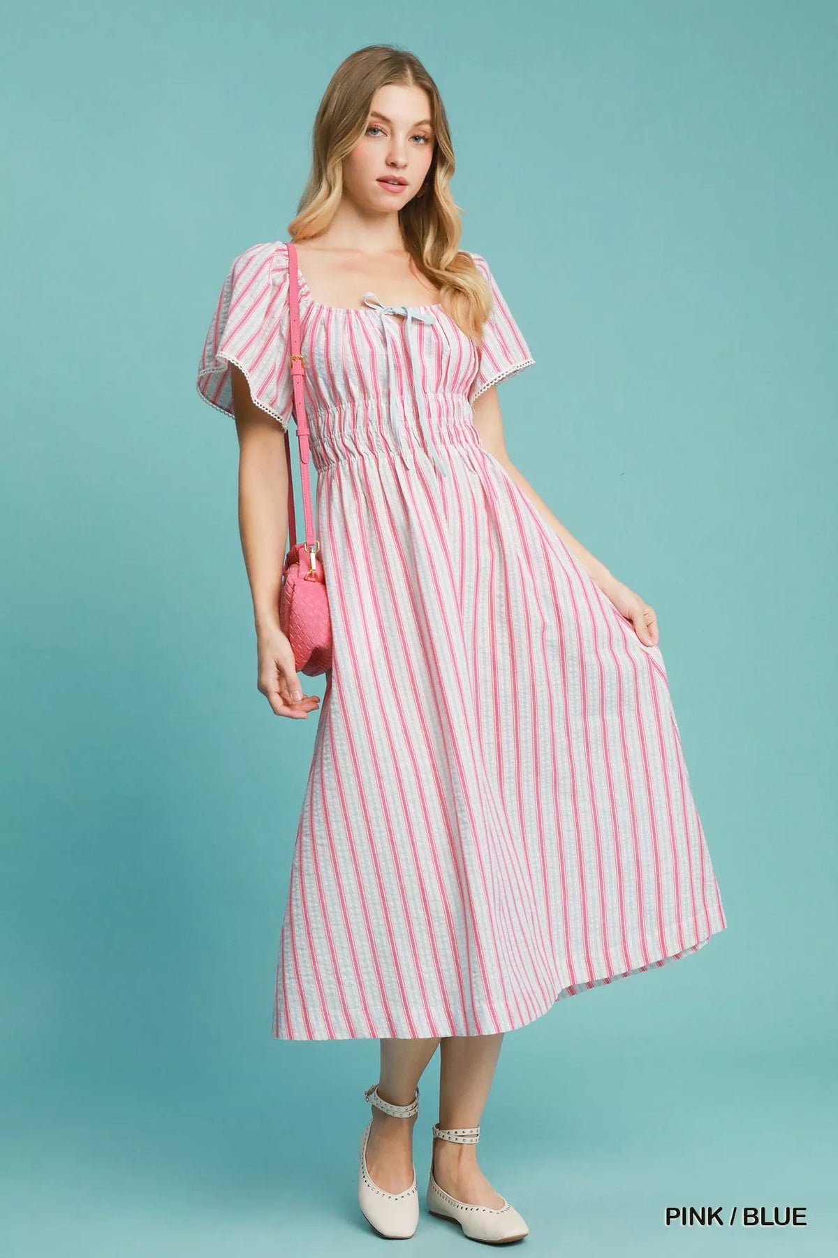 Umgee Smocked Striped Short Sleeve Midi Dress PINK BLUE Trendsi