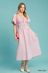 Umgee Smocked Striped Short Sleeve Midi Dress PINK BLUE Trendsi