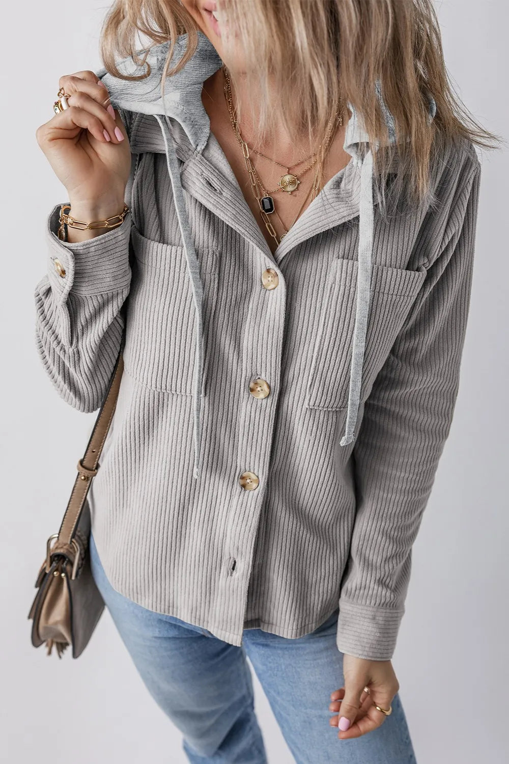 Drawstring Button Up Long Sleeve Hooded Jacket Gray OutfitFlow