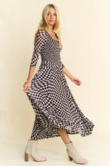 Davi & Dani Printed Checker Mesh Flowy Maxi Dress OutfitFlow