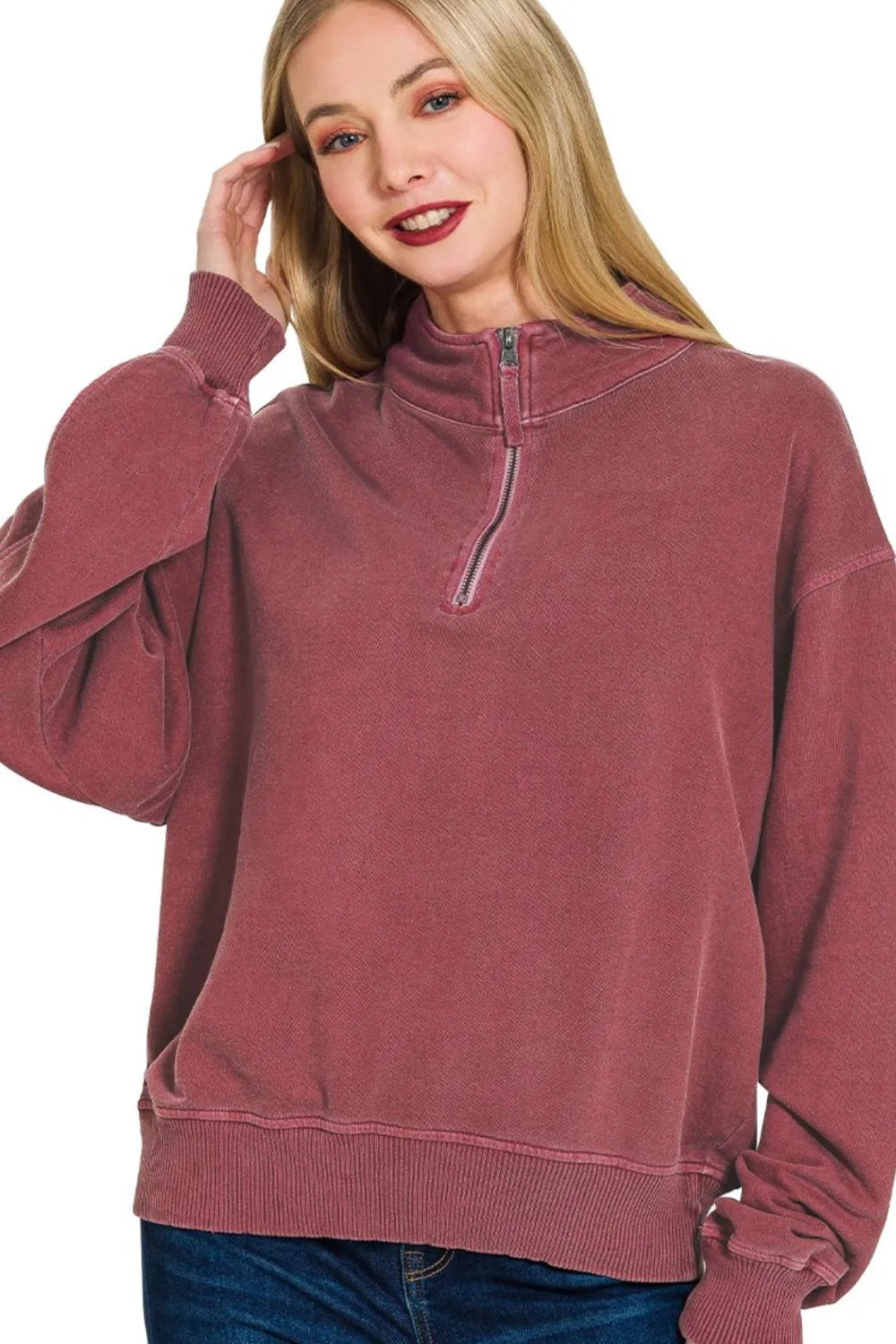 Zenana F/terry Pigment Dye & Enzyme Washing Half Zip Top OutfitFlow