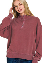 Zenana F/terry Pigment Dye & Enzyme Washing Half Zip Top OutfitFlow