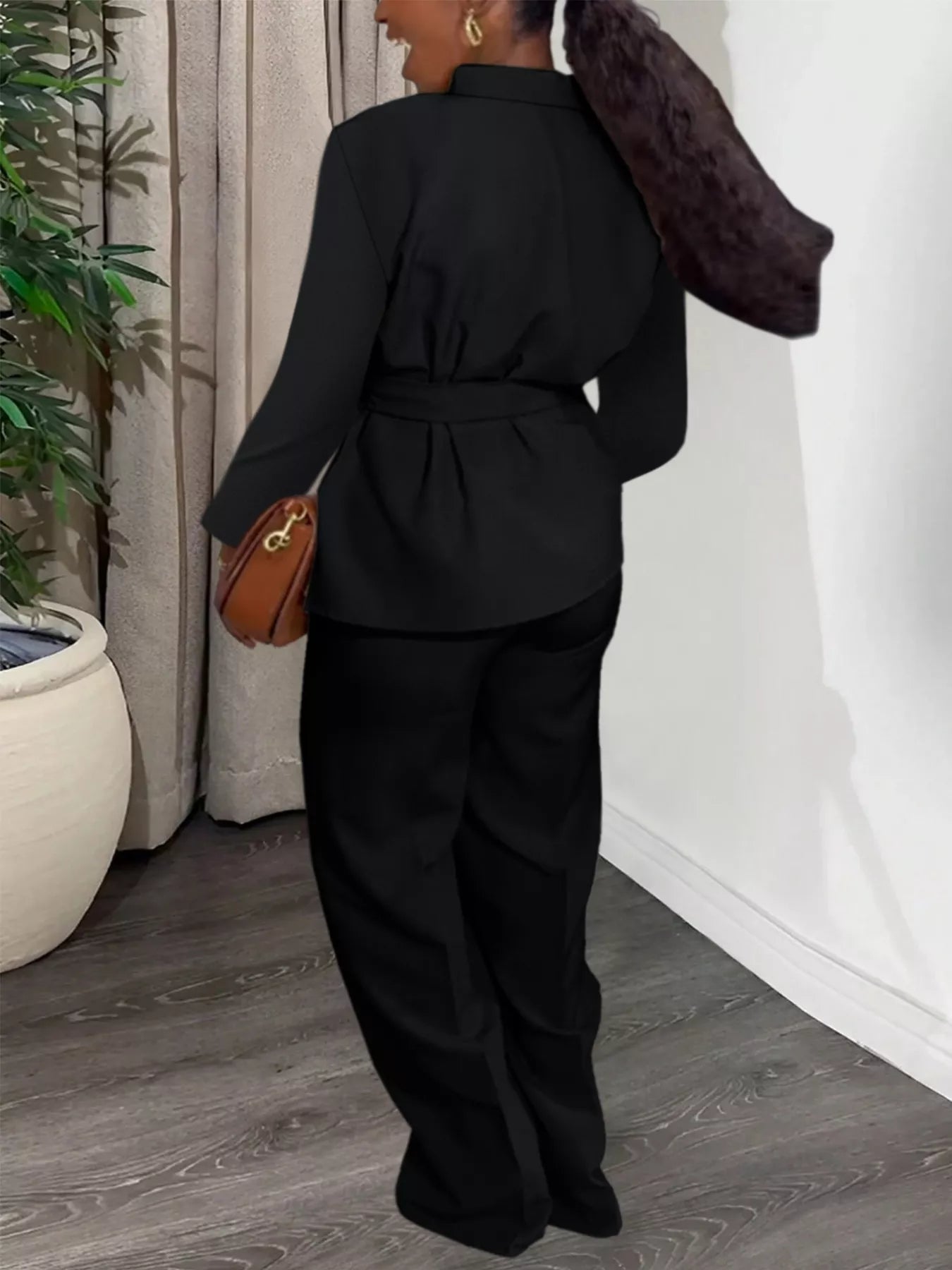 Tie-Waist Long Sleeve Top and Pants Set OutfitFlow