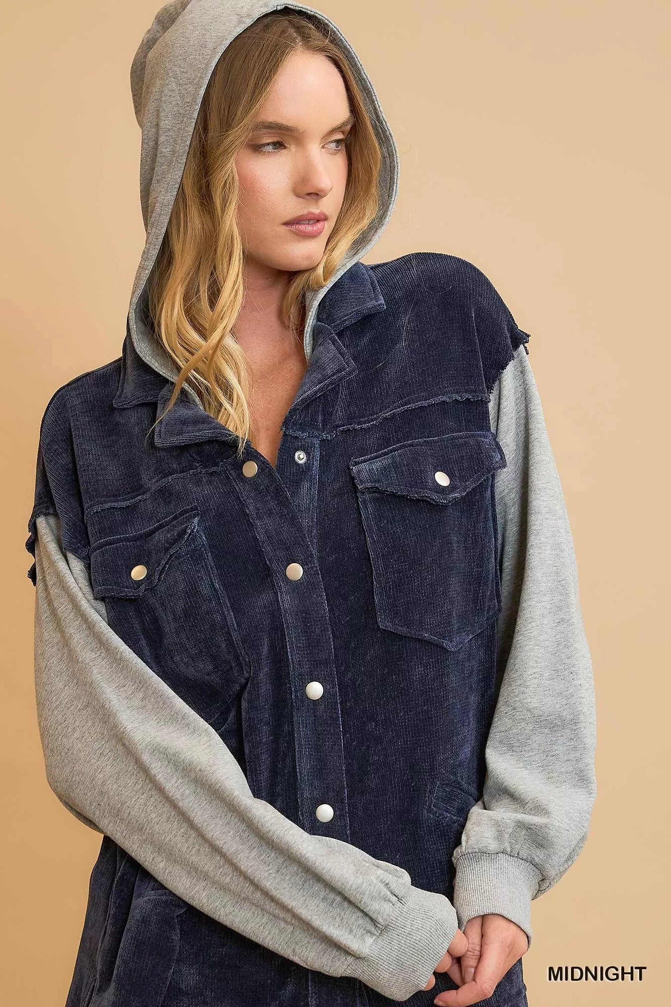 Umgee Contrast Hooded Chenille Jacket OutfitFlow