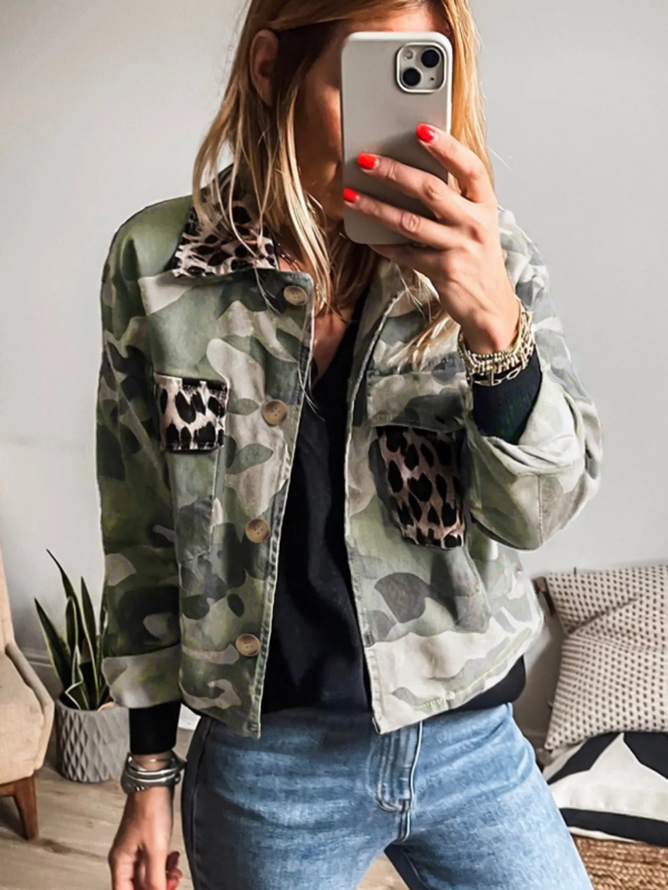 Camo Print Leopard Trim Button Up Jacket OutfitFlow