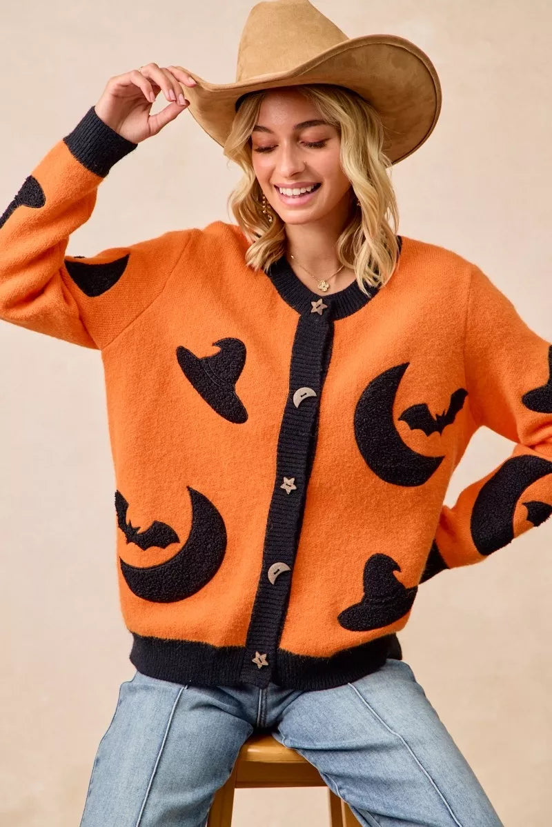 BiBi Halloween Witch Hat Moon Bat Artwork Cardigan Trendsi