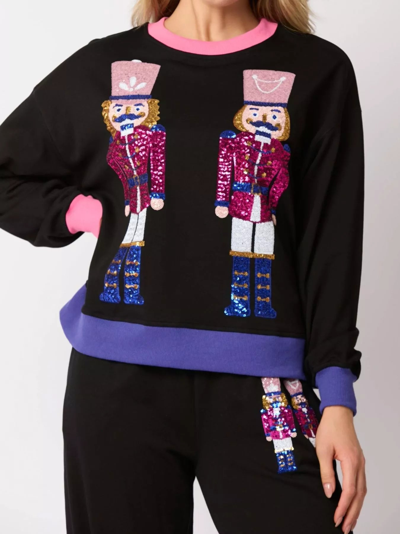 Nutcracker Contrast Trim Sweatshirt and Pants Set OutfitFlow