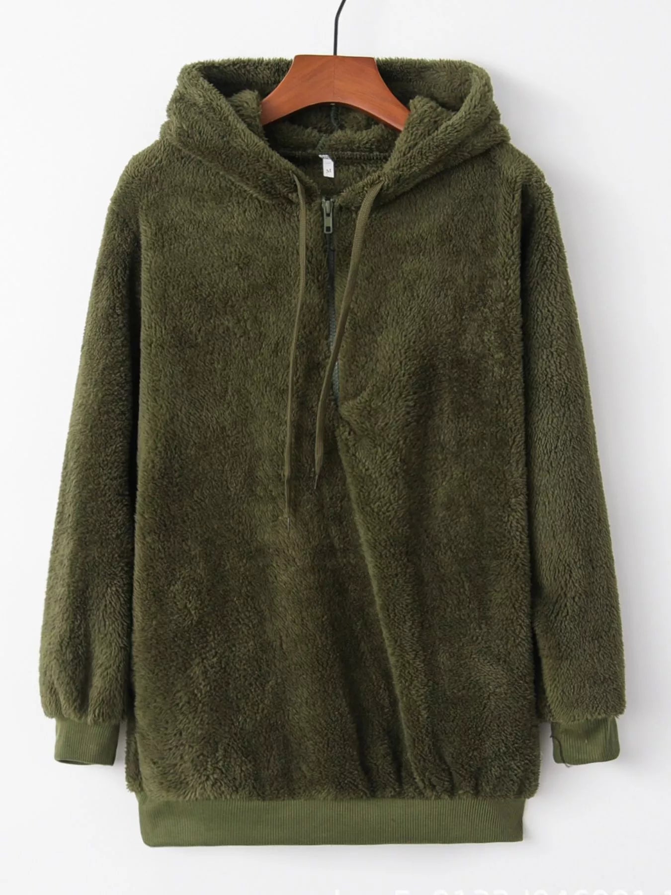 Full Size Half Zip Drawstring Fleece Hoodie Plus Size Army Green OutfitFlow