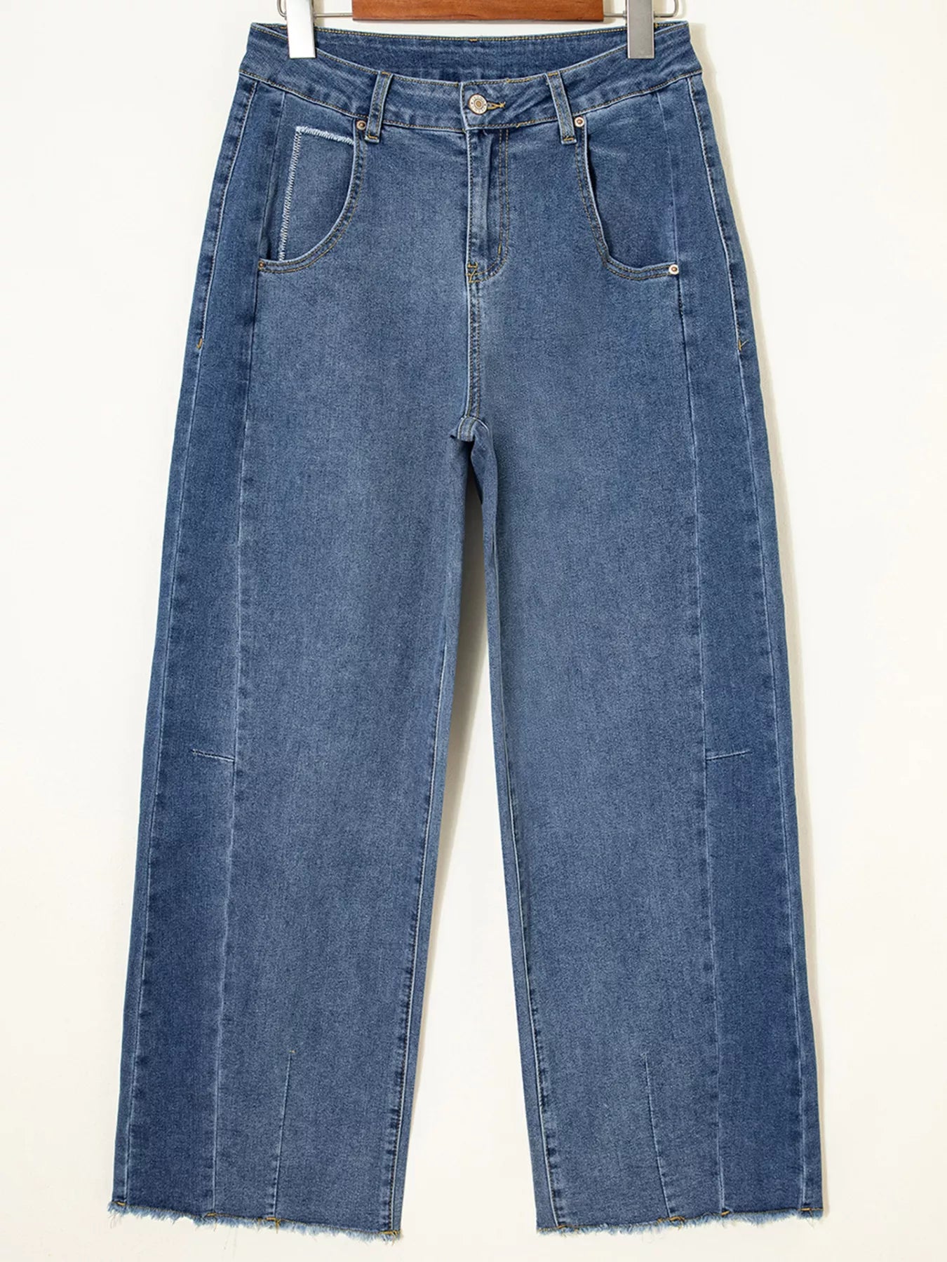Stitched Raw Hem Wide Leg Loose Jeans OutfitFlow