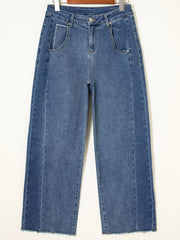 Stitched Raw Hem Wide Leg Loose Jeans OutfitFlow