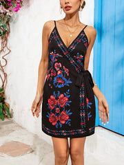 Floral Print Spaghetti Strap Wrap Mini Dress OutfitFlow