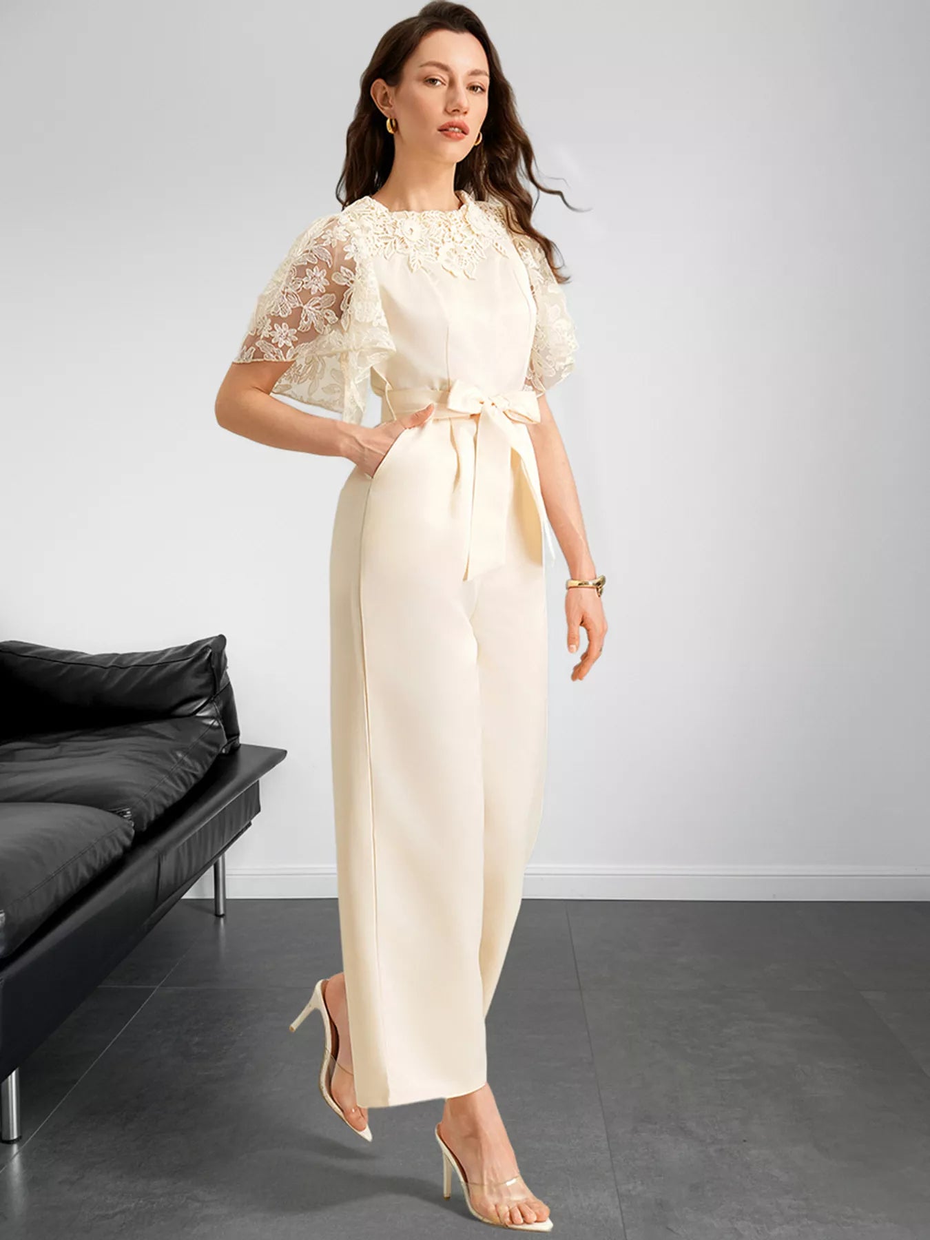 Lace Trim Belted Wide Leg Jumpsuit OutfitFlow