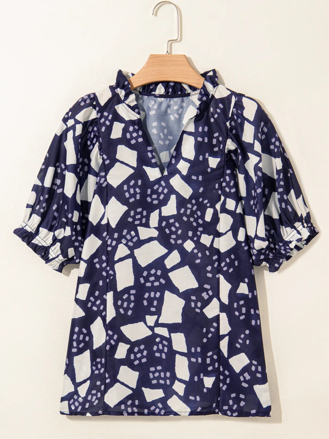 Abstract Print Frilled Puff Sleeve V Neck Blouse OutfitFlow