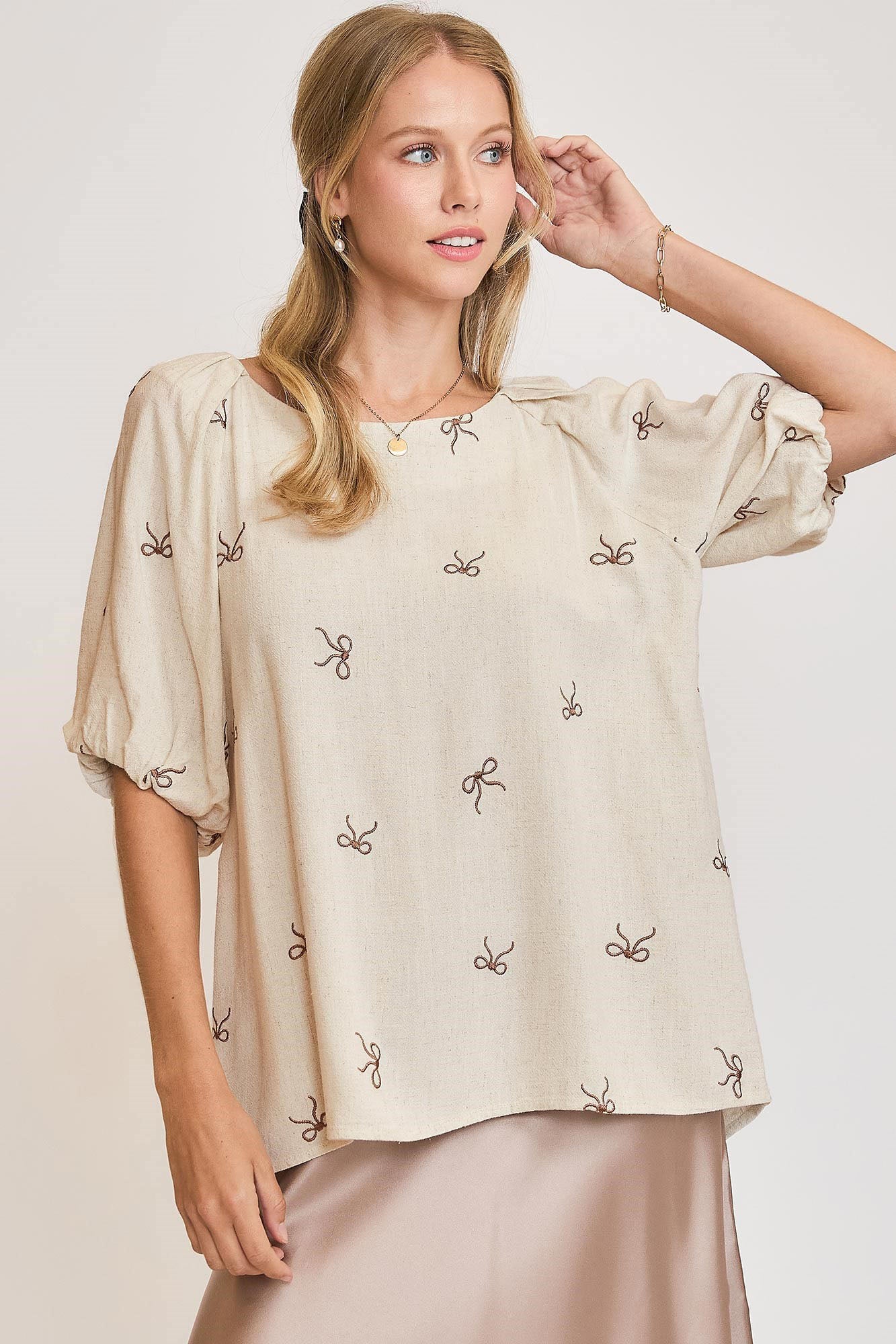 Umgee Full Size Linen Blend Ribbon Embroidered Top Plus Size OATMEAL OutfitFlow