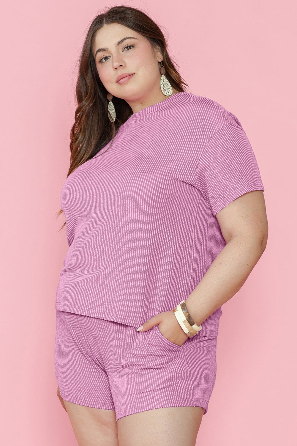 Outfit Flow - Plus Size Round Neck Short Sleeve Top and Shorts Set