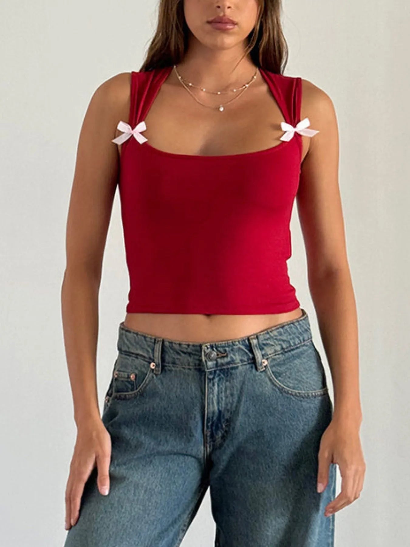 Bow Detail Square Neck Cropped Tank OutfitFlow