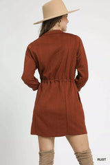Umgee Drawstring Cable Knit Mini Dress with Pockets OutfitFlow
