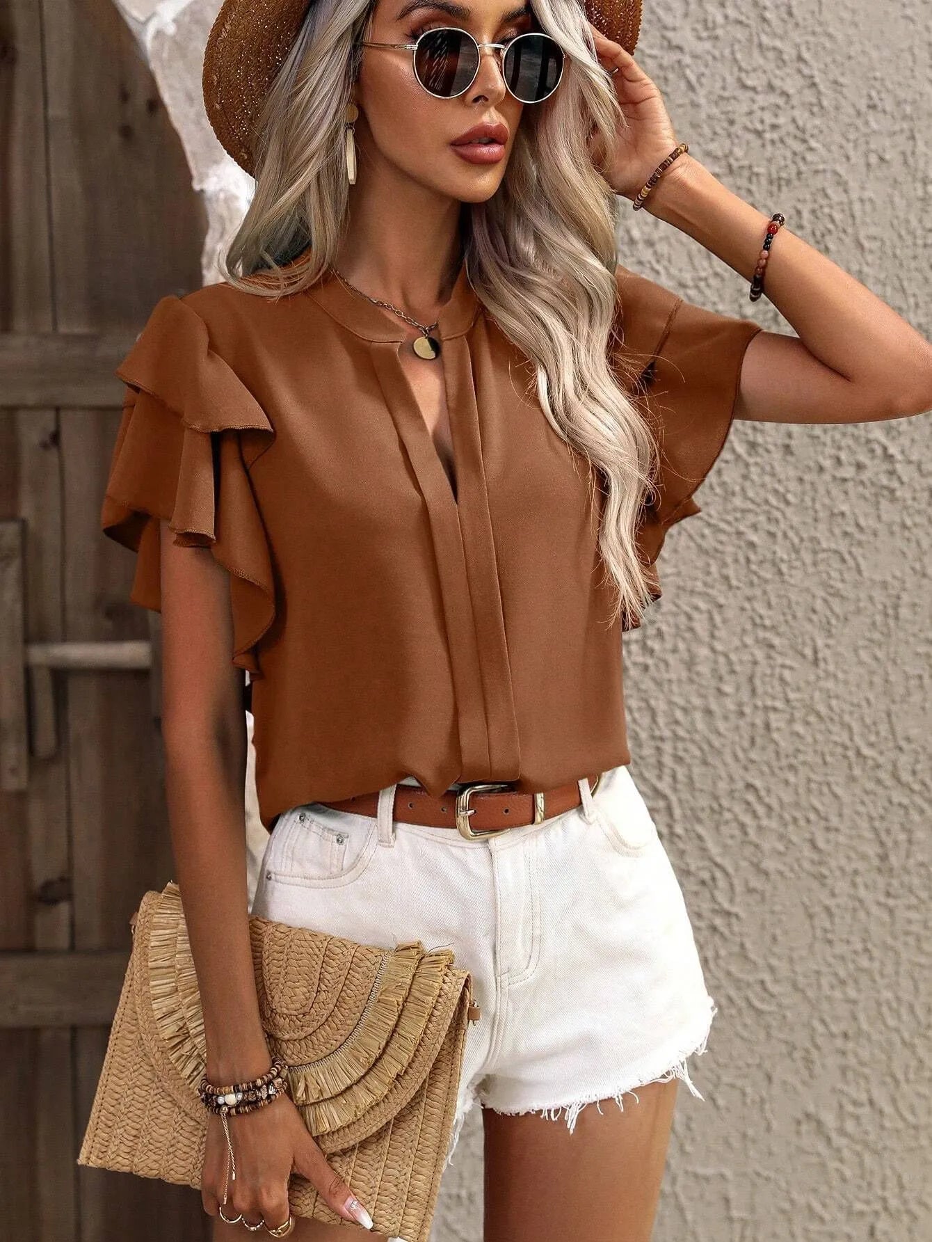 Ruffle Sleeve Notched Blouse OutfitFlow