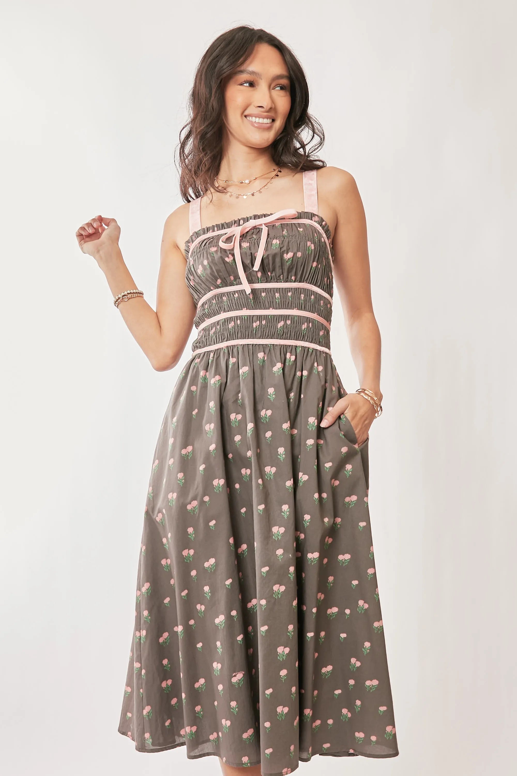 Davi & Dani Contrast Velvet Tape Smocking Bodice Midi Dress OutfitFlow