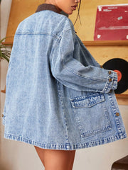 Vintage Wash Denim Jacket with Contrast Collar OutfitFlow
