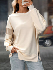 Side Slit Round Neck Sweatshirt OutfitFlow