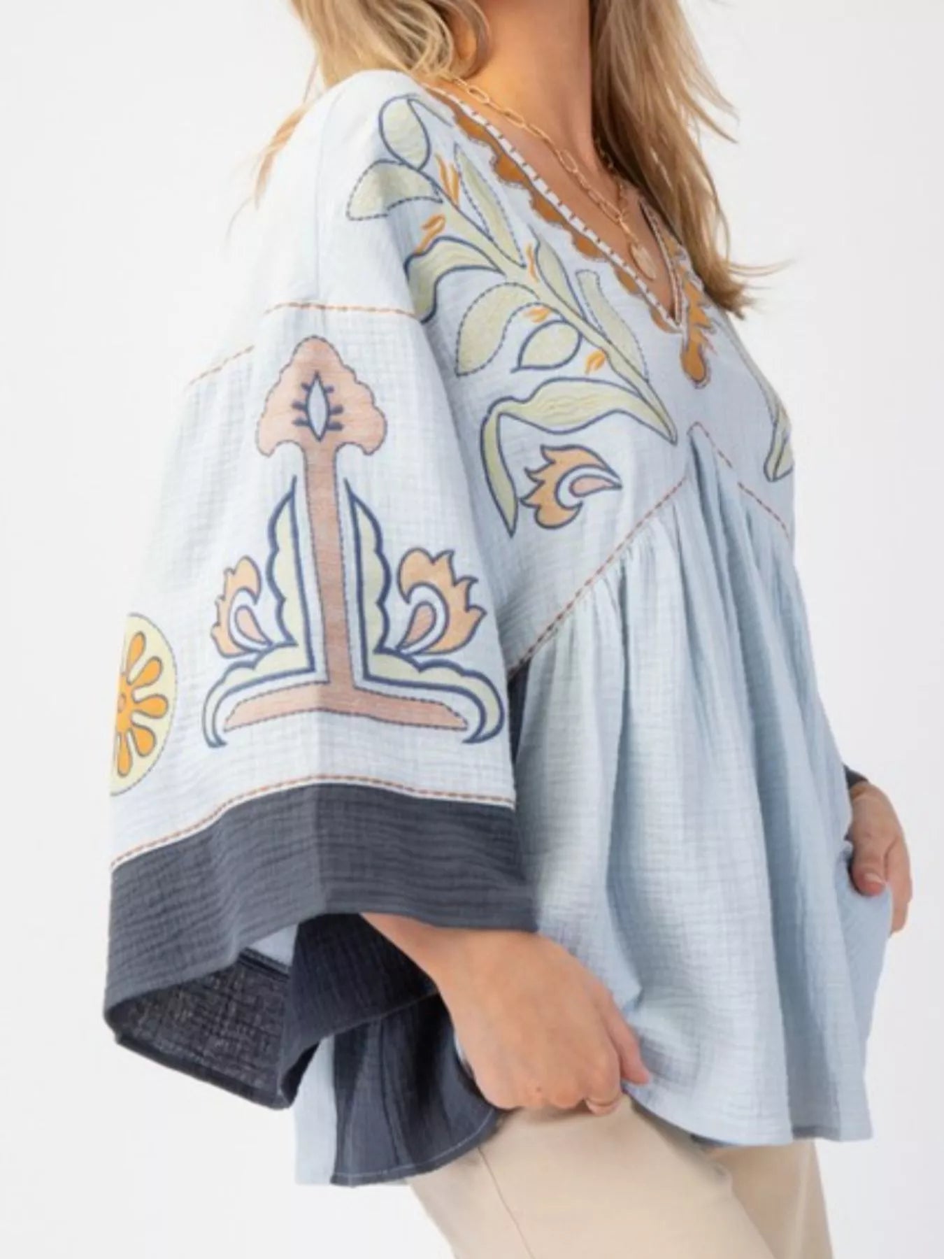 Printed V-Neck Top with Contrast Trim Details OutfitFlow