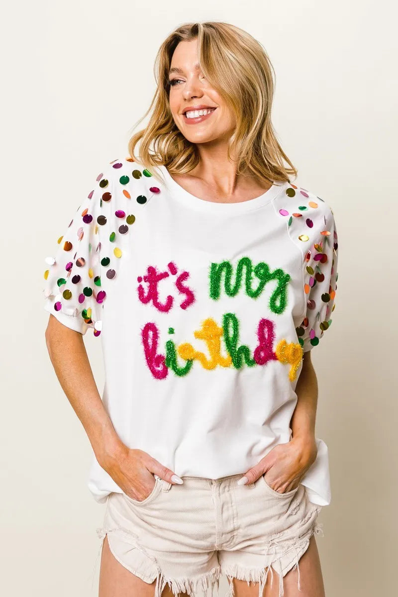 BiBi Metallic Letter Spangle Raglan Puff Sleeve Top OutfitFlow