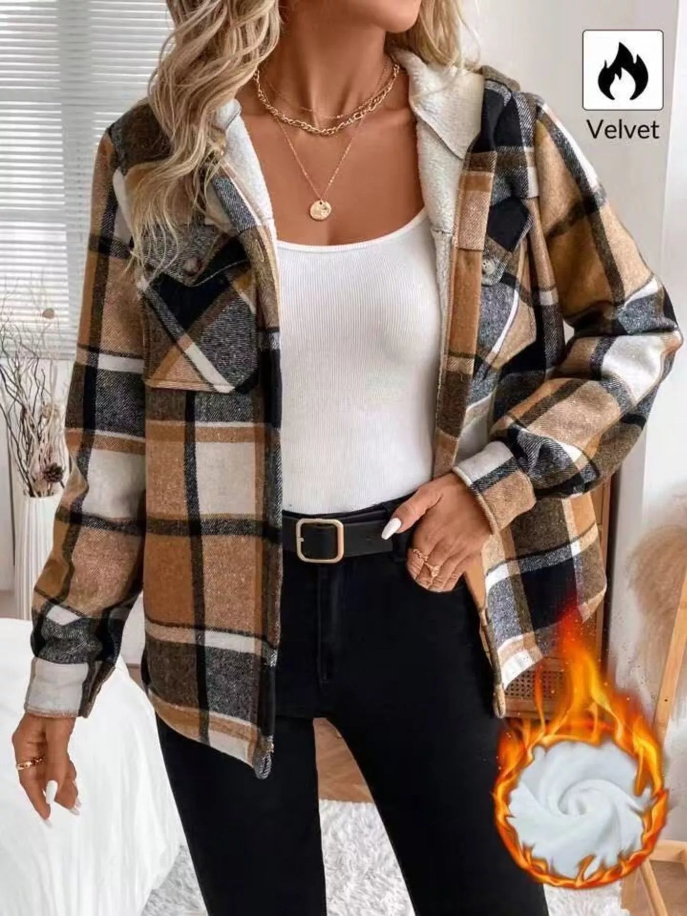 Hooded Plaid Button Up Jacket Trendsi