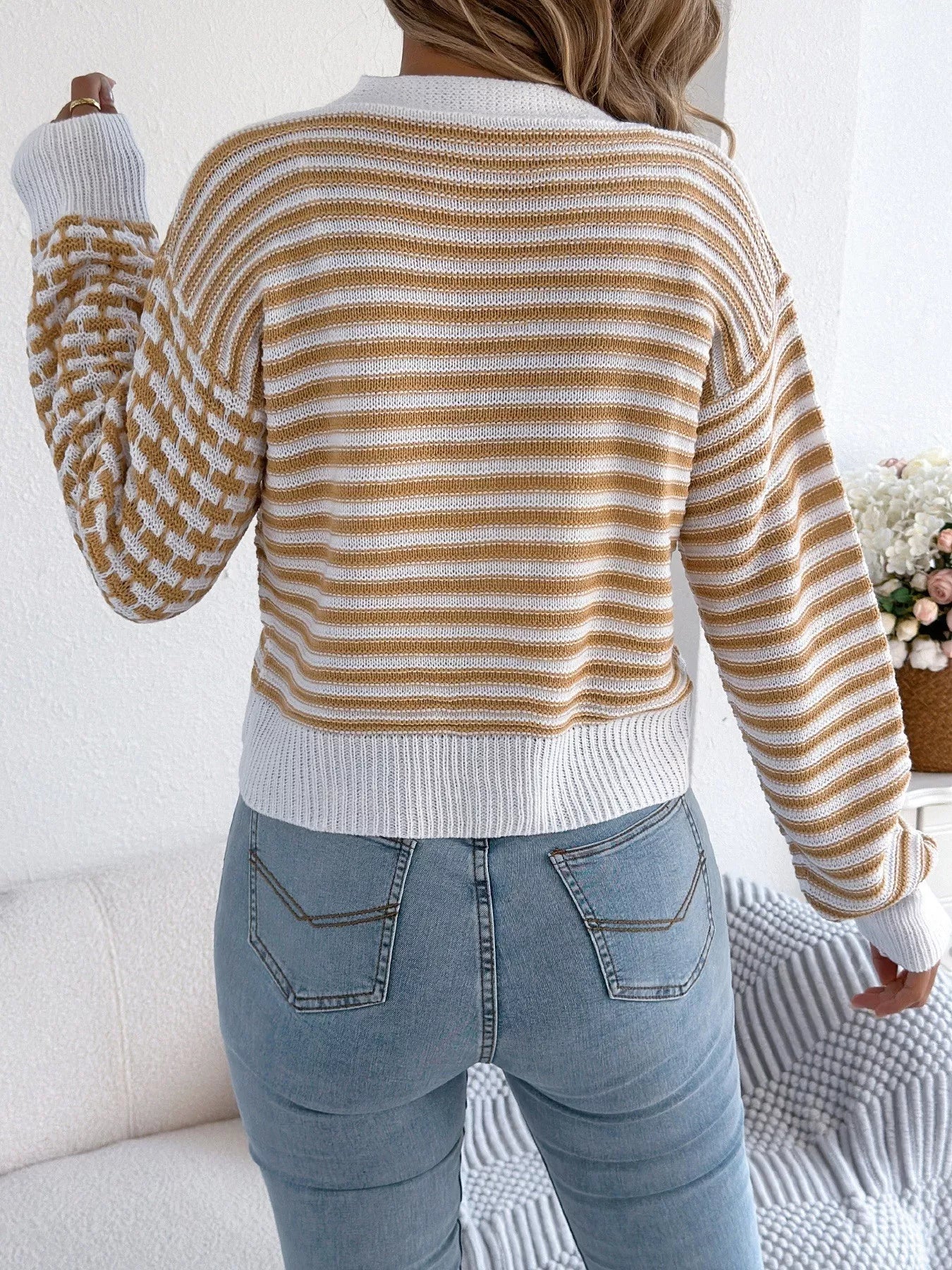Striped Button-Up Cropped Cardigan OutfitFlow